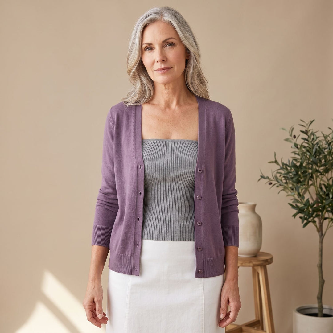 Women's Soft Knit Button-Front Crew Neck Cardigan - Violet