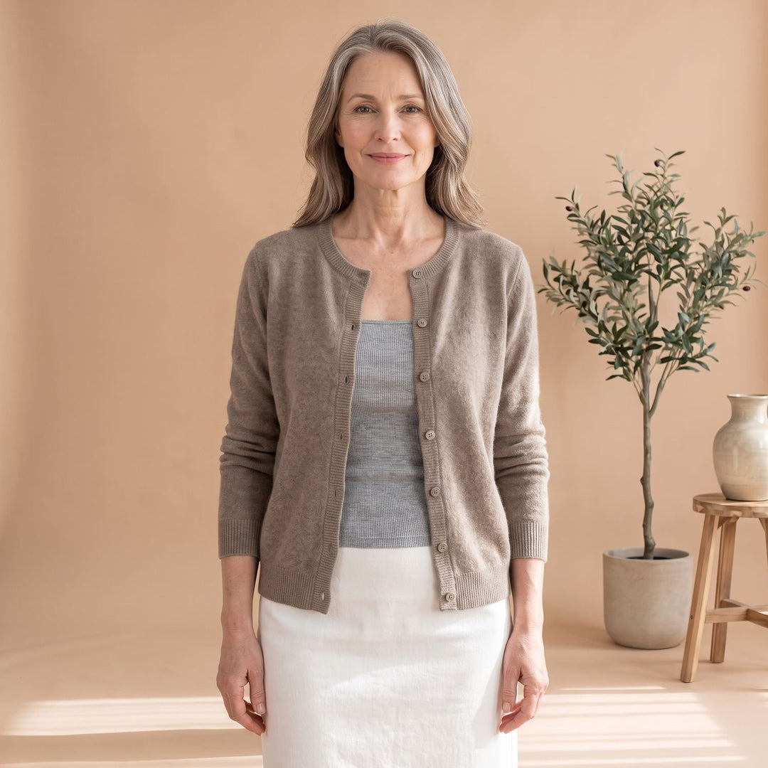 Women's Soft Knit Button-Front Crew Neck Cardigan - Beige