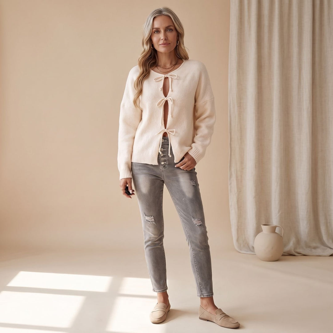 Women's Soft Knit Tie-Front Long-Sleeve Cardigan - Apricot
