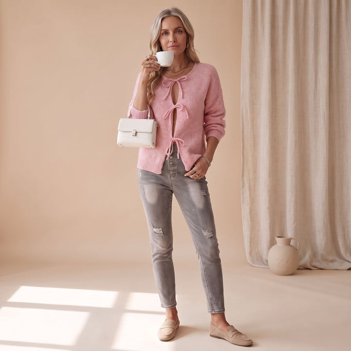 Women's Soft Knit Tie-Front Long-Sleeve Cardigan - Pink