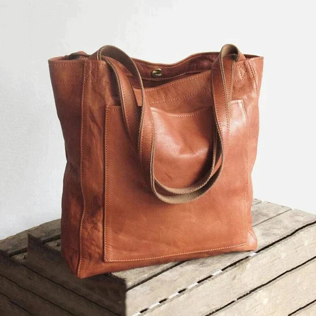 Women's Spacious Genuine Leather Shoulder Tote Bag - Brown