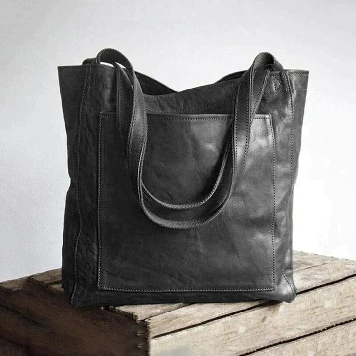 Women's Spacious Genuine Leather Shoulder Tote Bag - Black