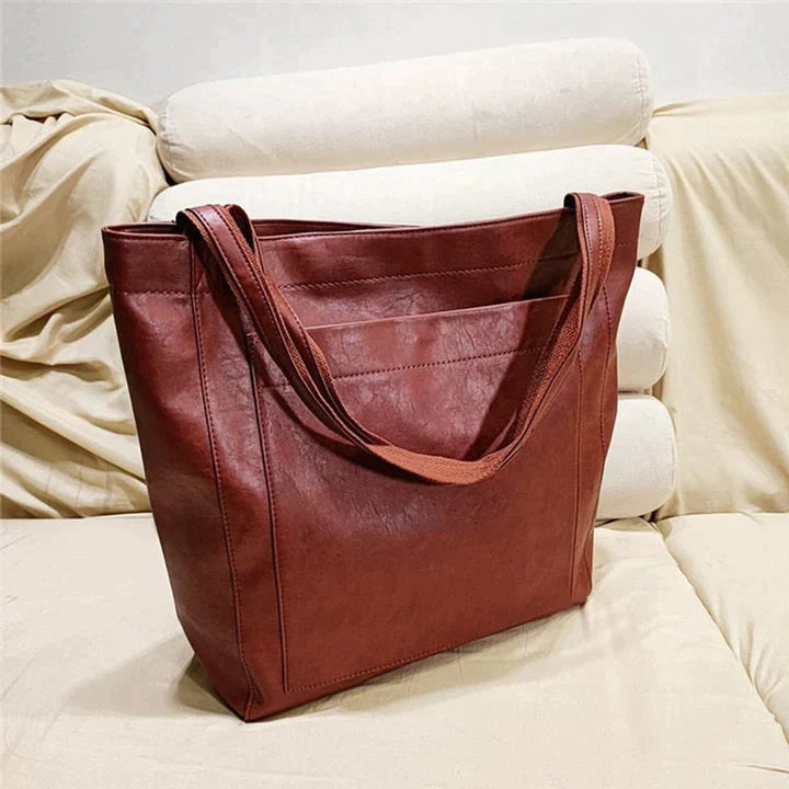 Women's Spacious Genuine Leather Shoulder Tote Bag - Red