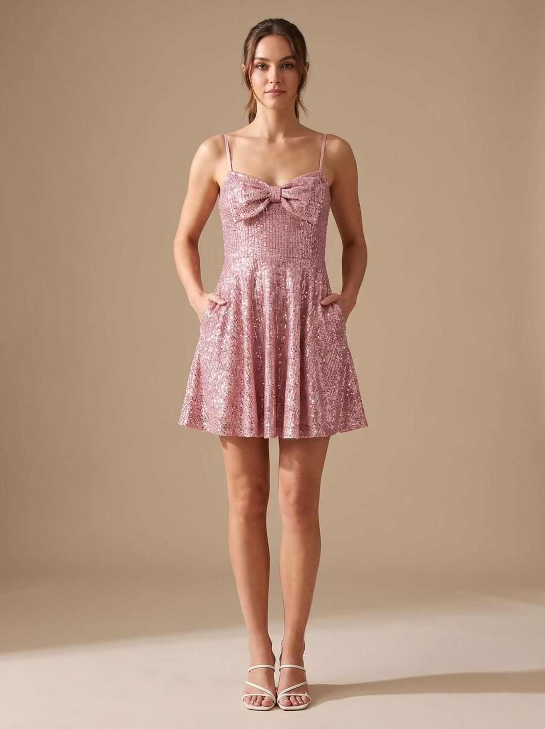 Women's Sparkly Sequin Fit-and-Flare Bow Mini Dress