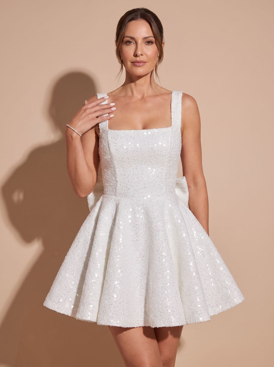 Women's Sparkly Sequin Fit-and-Flare Bow Mini Dress