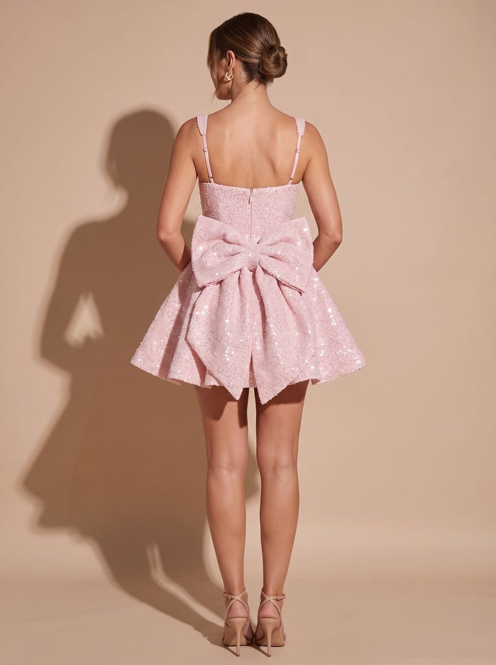 Women's Sparkly Sequin Fit-and-Flare Bow Mini Dress