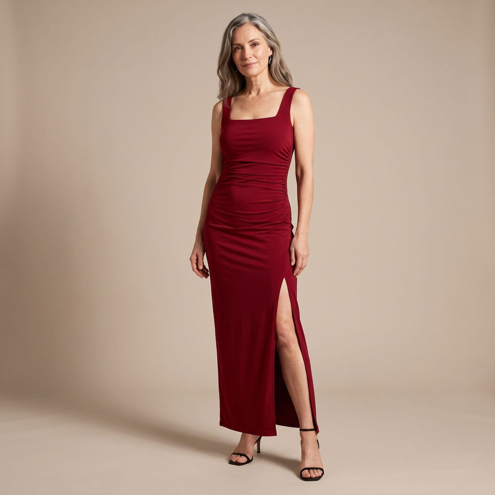Women's Square-Neck High-Slit Sleeveless Maxi Dress - Red