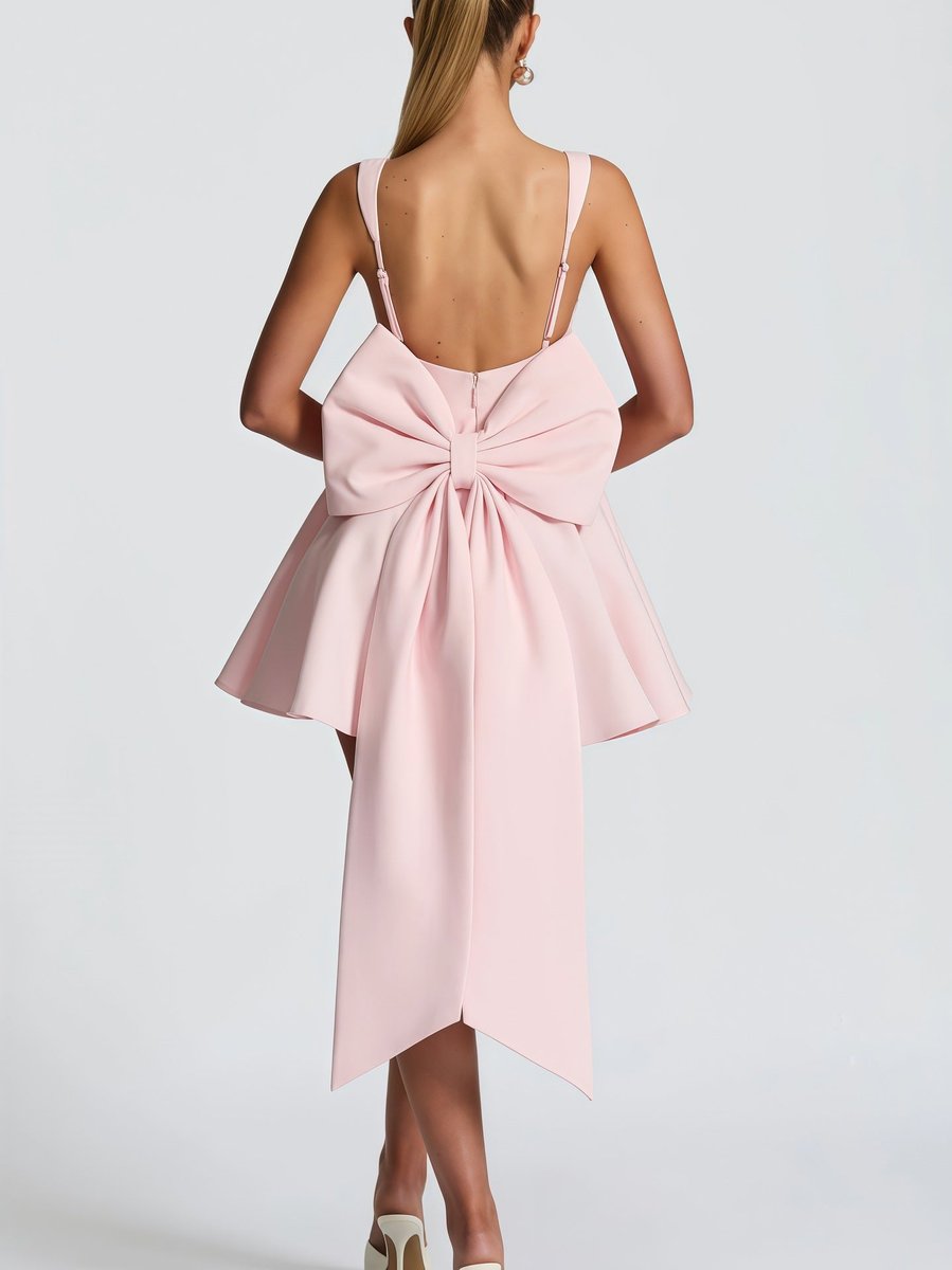 Women's Square-Neck Oversized Bow Flared Cocktail Dress - Pink