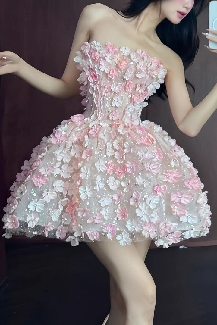 Women's Strapless 3D Floral Embellished Mini Cocktail Dress