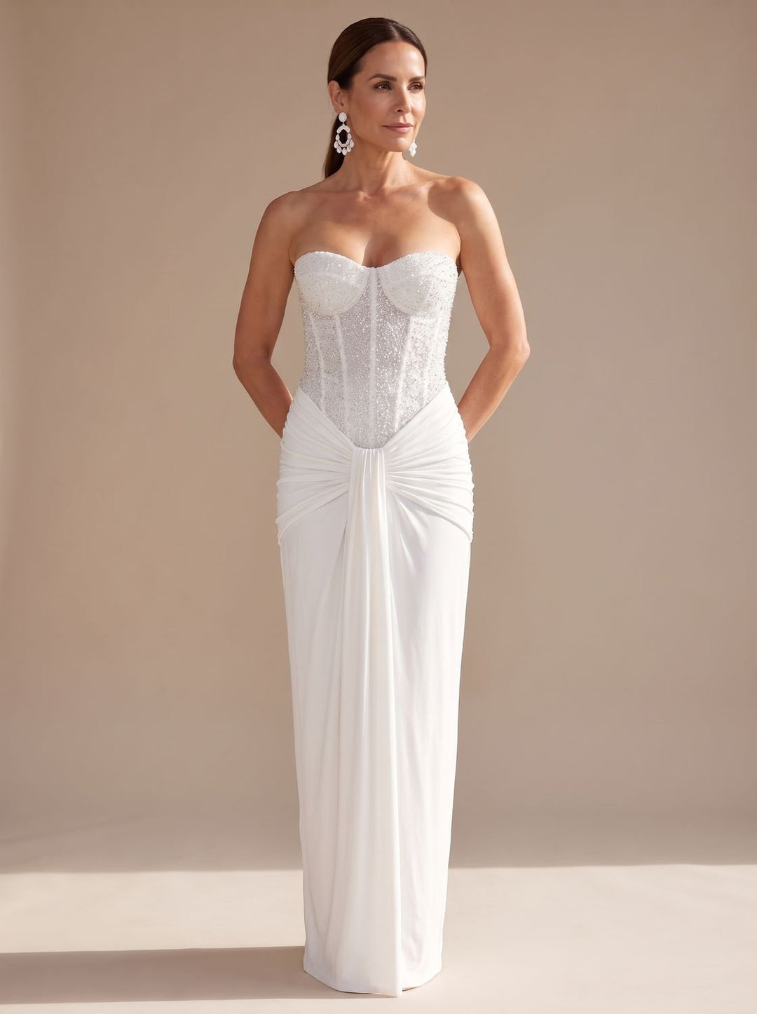Women's Strapless Beaded Bodice Draped Maxi Dress - White