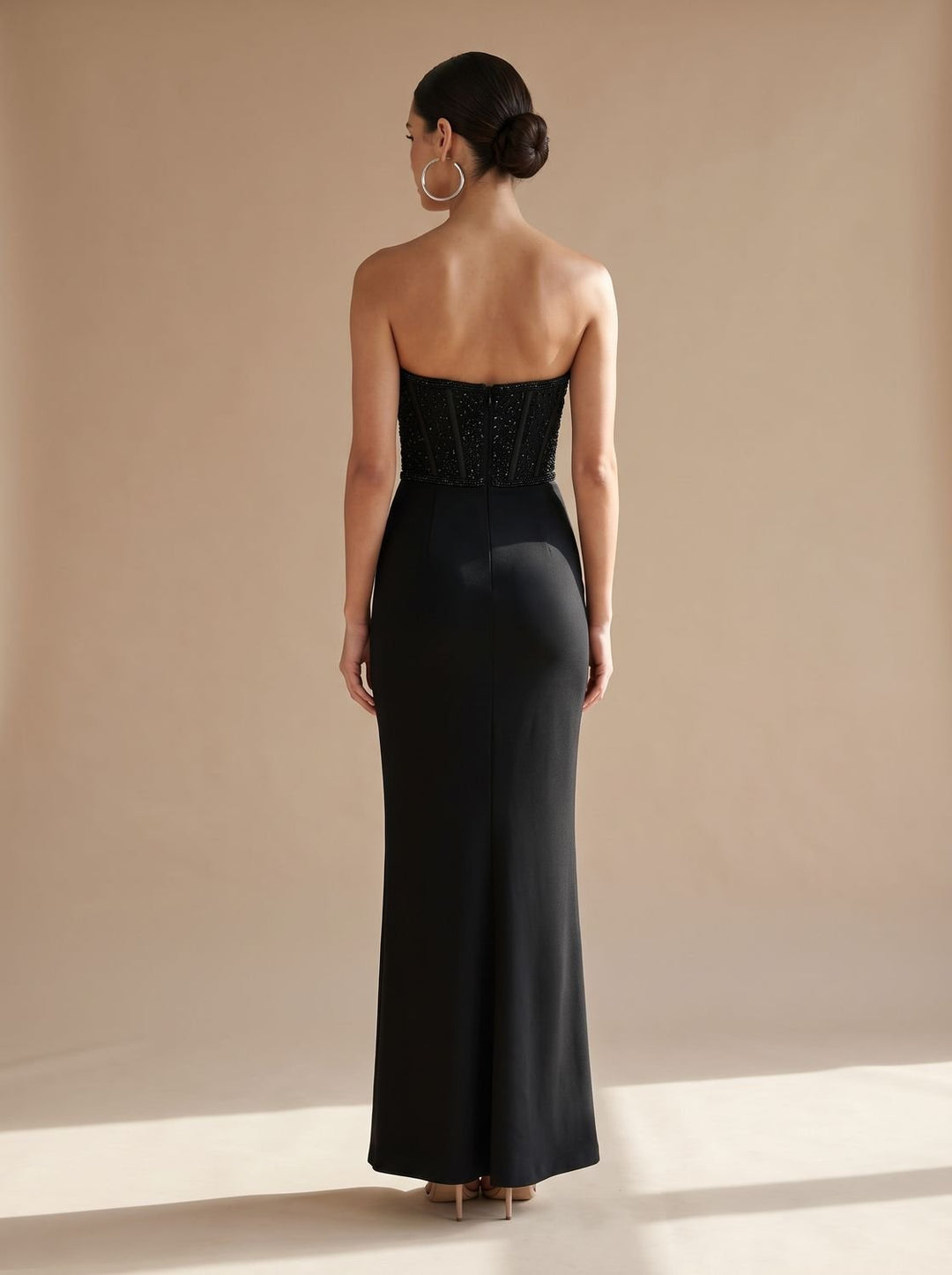 Women's Strapless Beaded Bodice Draped Maxi Dress