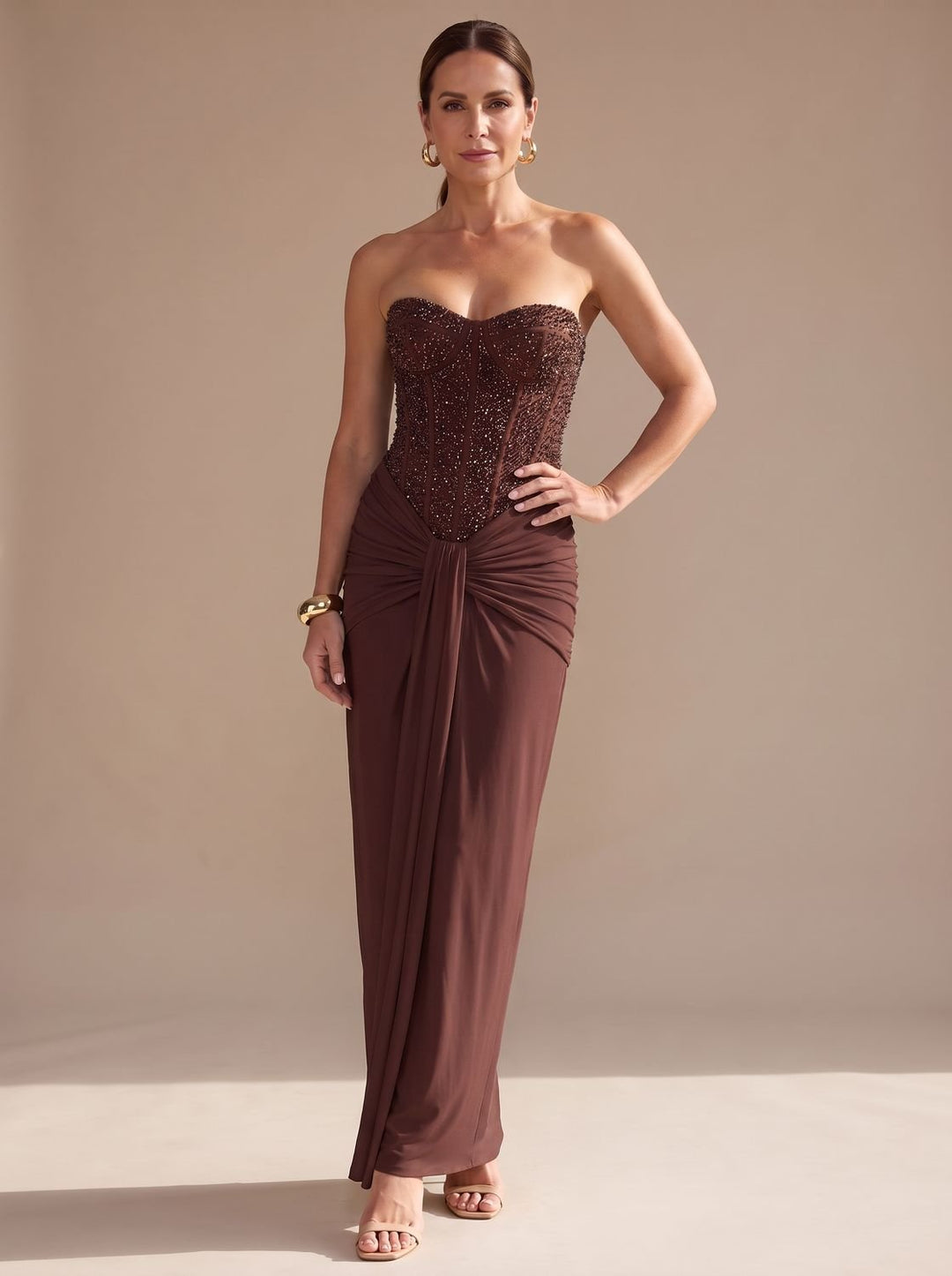 Women's Strapless Beaded Bodice Draped Maxi Dress - Dark Brown