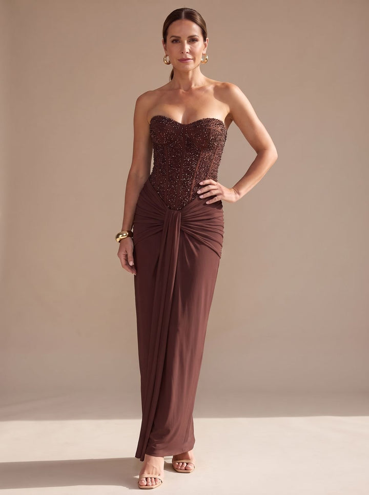 Women's Strapless Beaded Bodice Draped Maxi Dress - Dark Brown