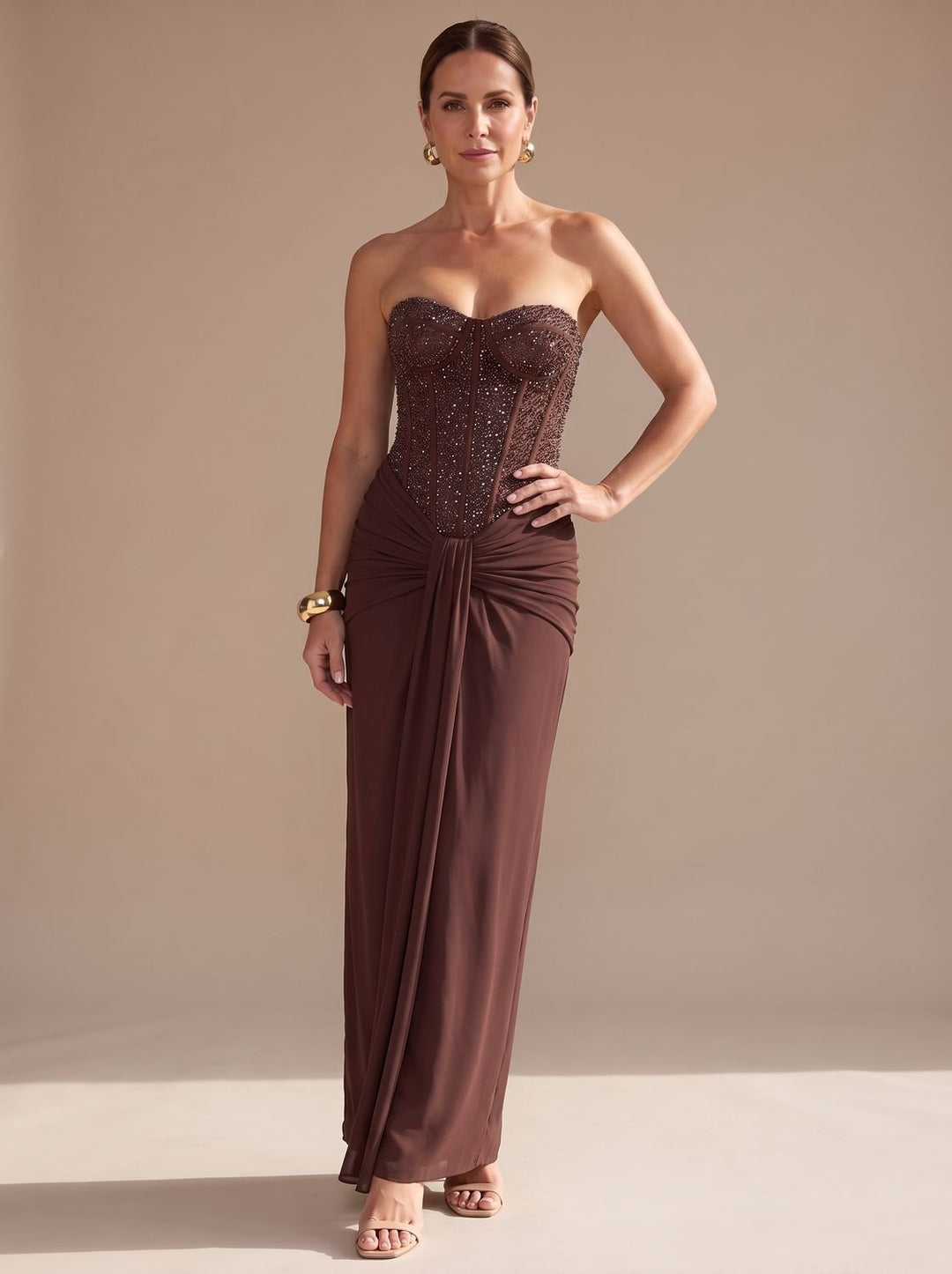 Women's Strapless Beaded Bodice Draped Maxi Dress