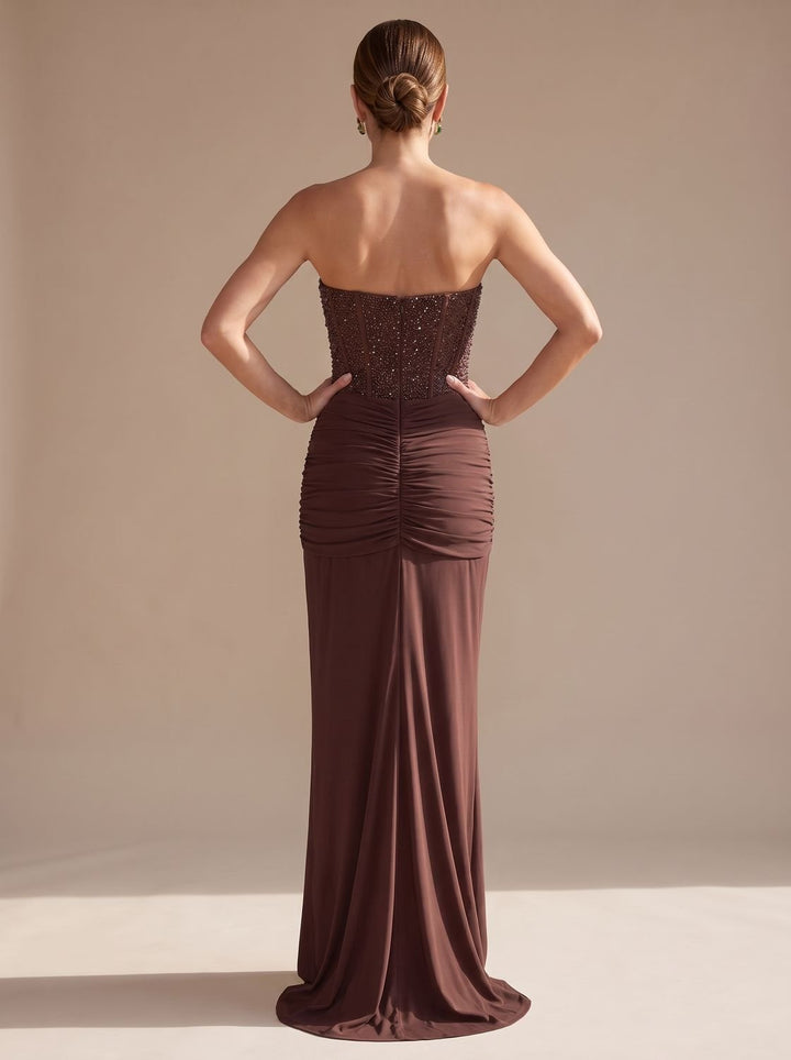 Women's Strapless Beaded Bodice Draped Maxi Dress