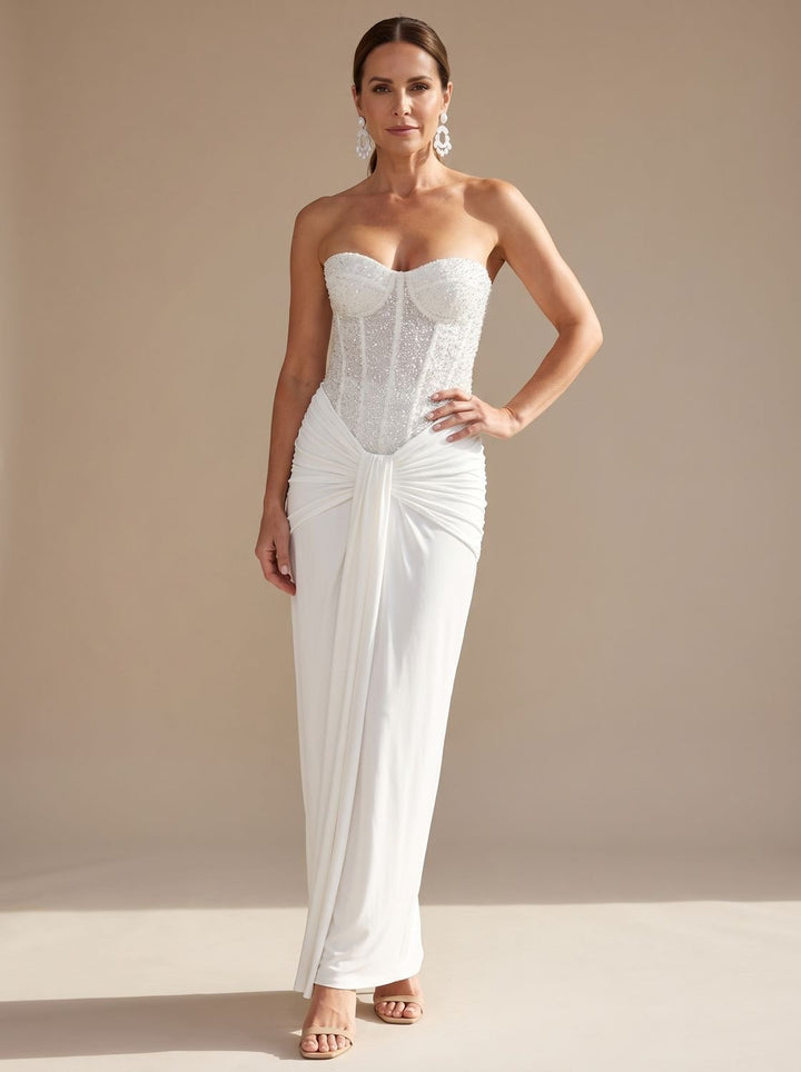 Women's Strapless Beaded Bodice Draped Maxi Dress
