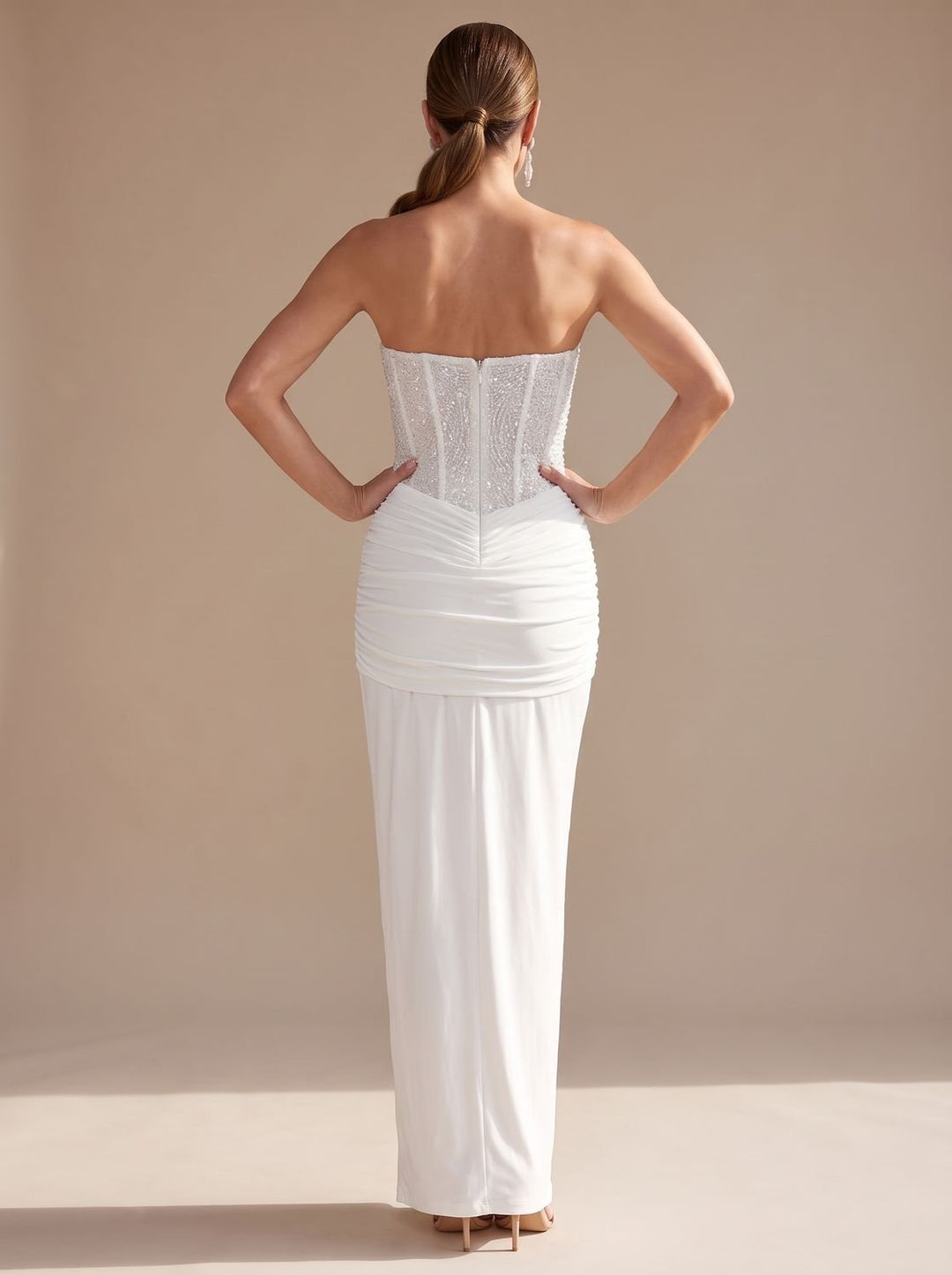 Women's Strapless Beaded Bodice Draped Maxi Dress