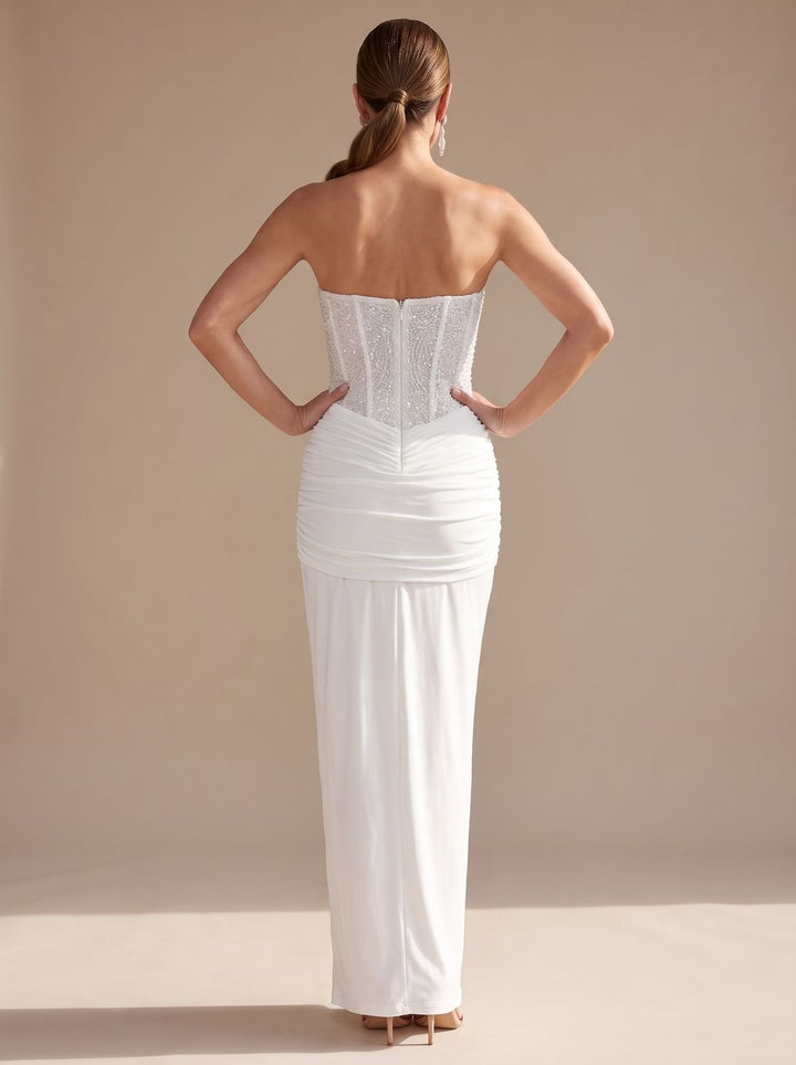 Women's Strapless Beaded Bodice Draped Maxi Dress