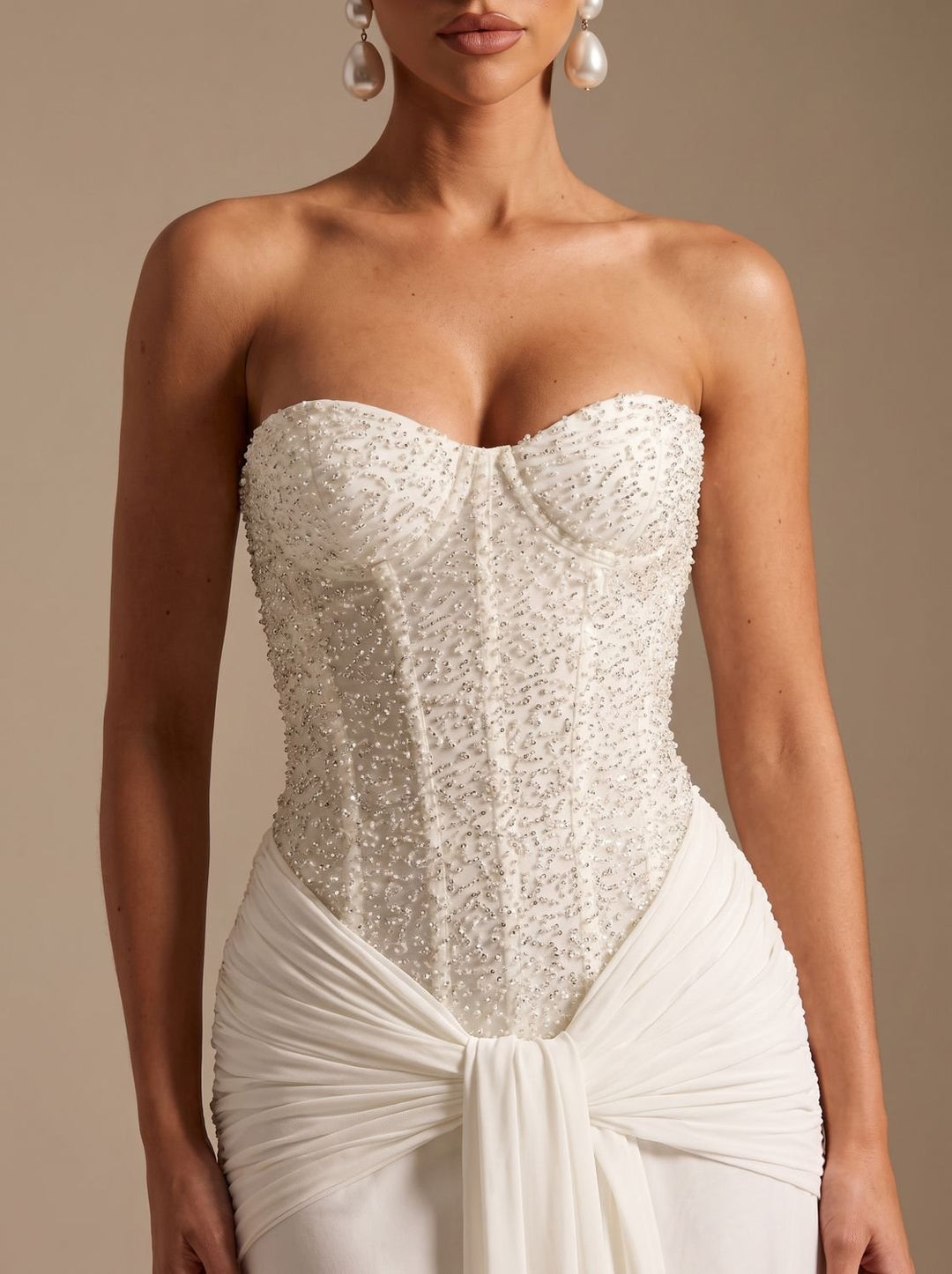 Women's Strapless Beaded Bodice Draped Maxi Dress
