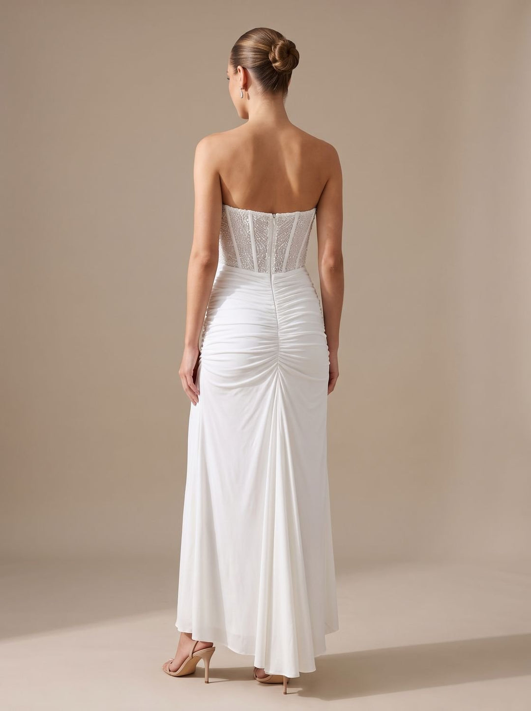 Women's Strapless Beaded Bodice Draped Maxi Dress