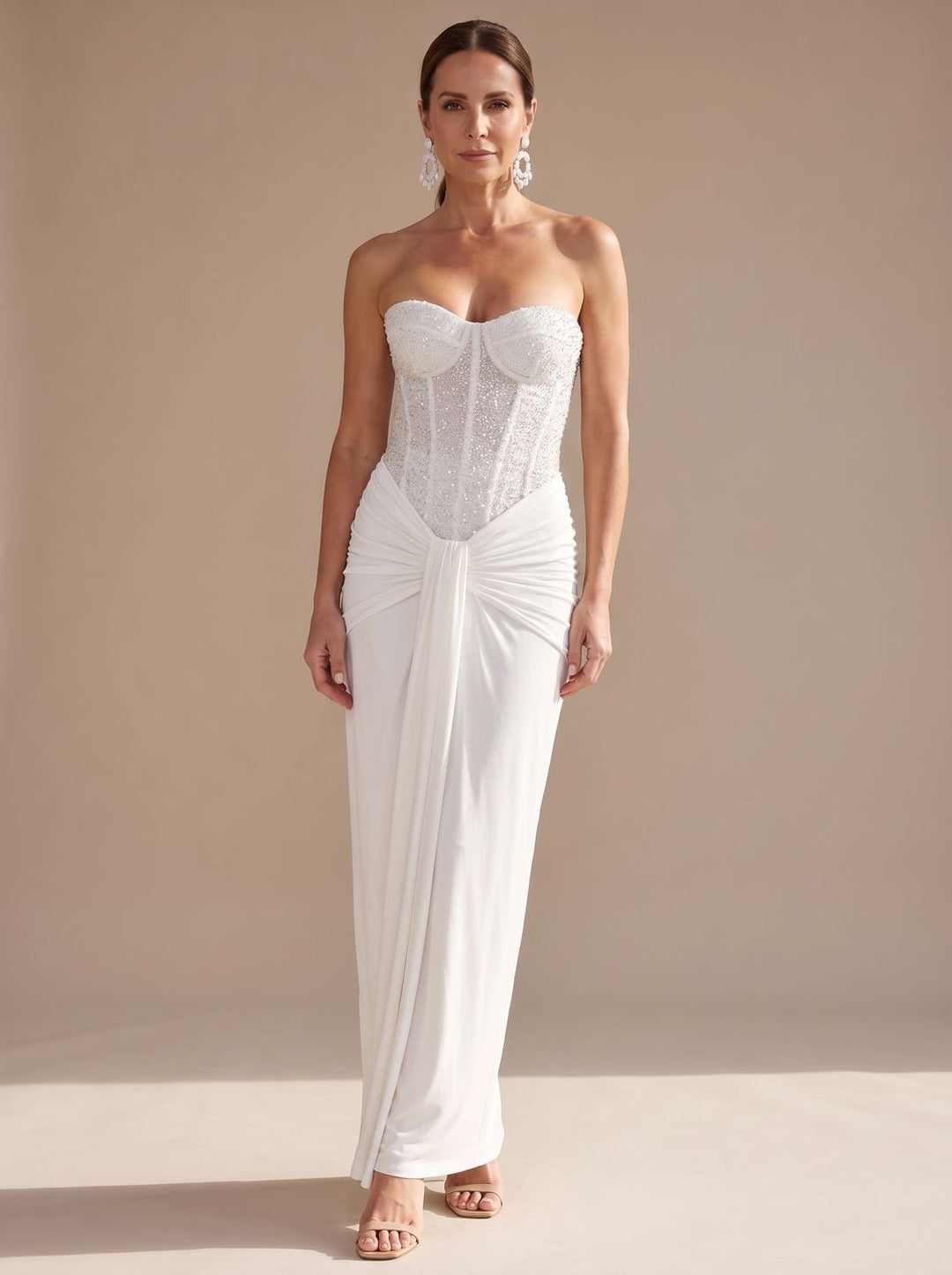Women's Strapless Beaded Bodice Draped Maxi Dress