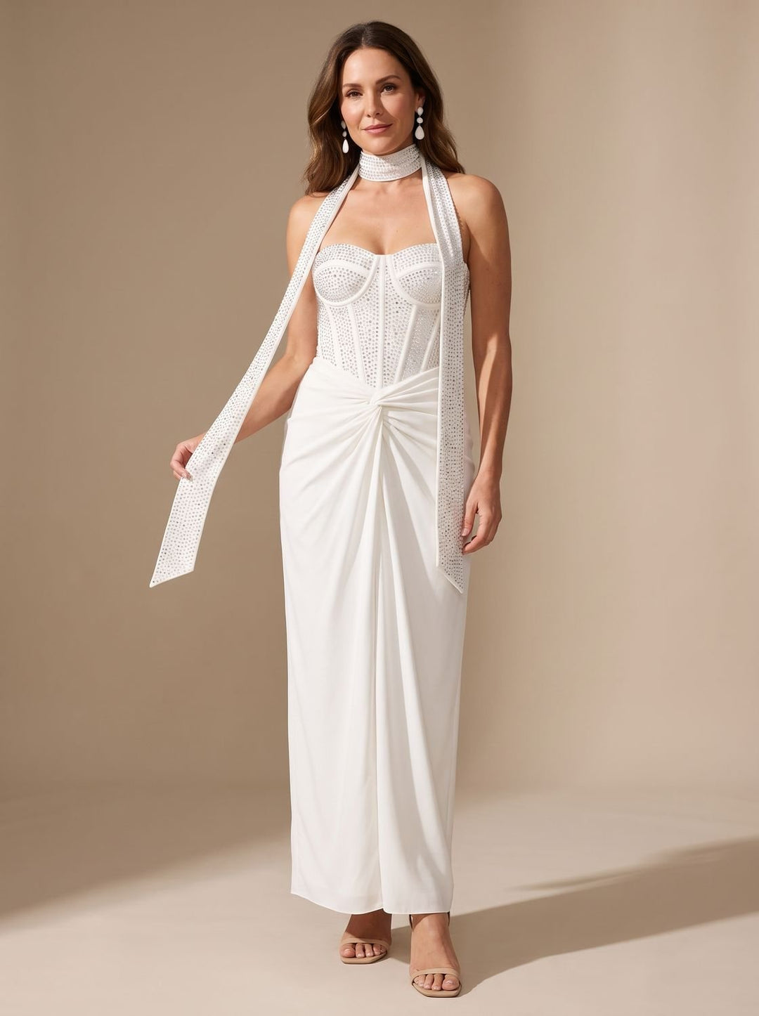 Women's Strapless Beaded Bodice Draped Maxi Dress