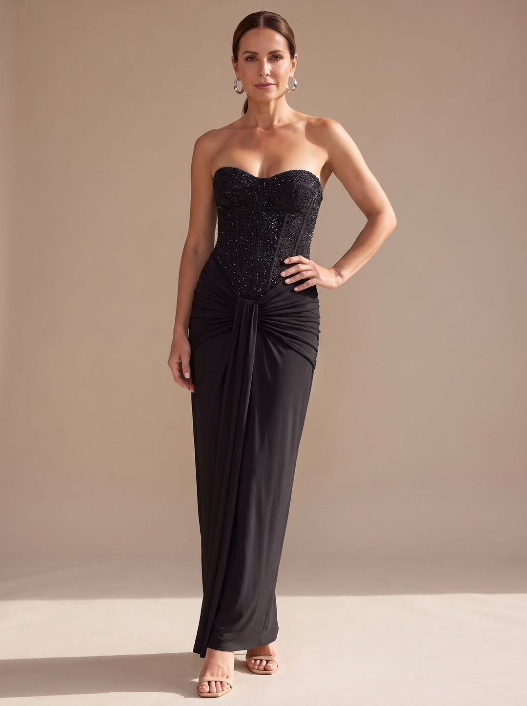 Women's Strapless Beaded Bodice Draped Maxi Dress - Black