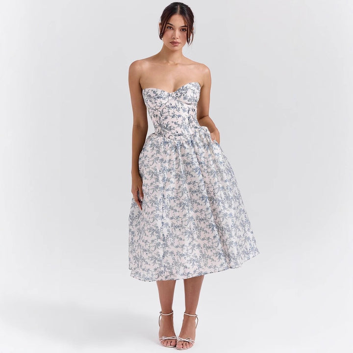 Women's Strapless Corset Bodice Flared Satin Cocktail Dress - Rose