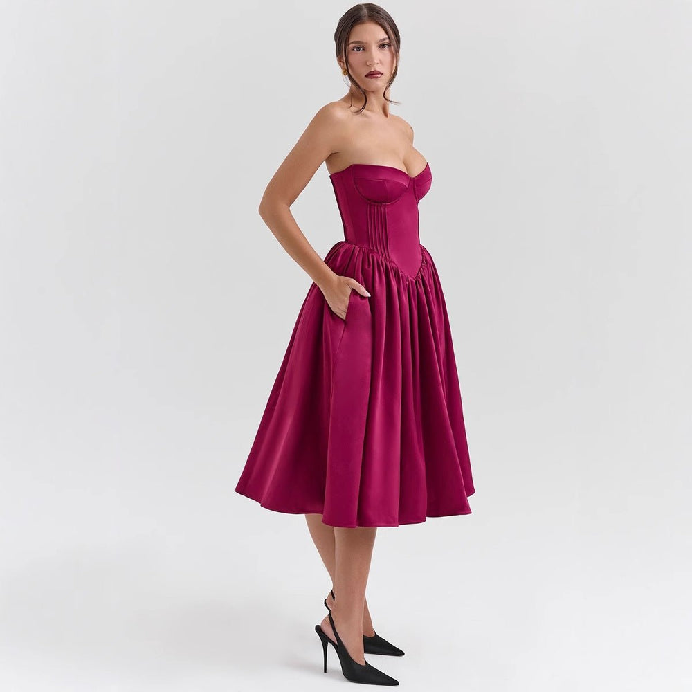 Women's Strapless Corset Bodice Flared Satin Cocktail Dress - Magenta