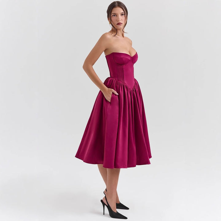 Women's Strapless Corset Bodice Flared Satin Cocktail Dress - Magenta