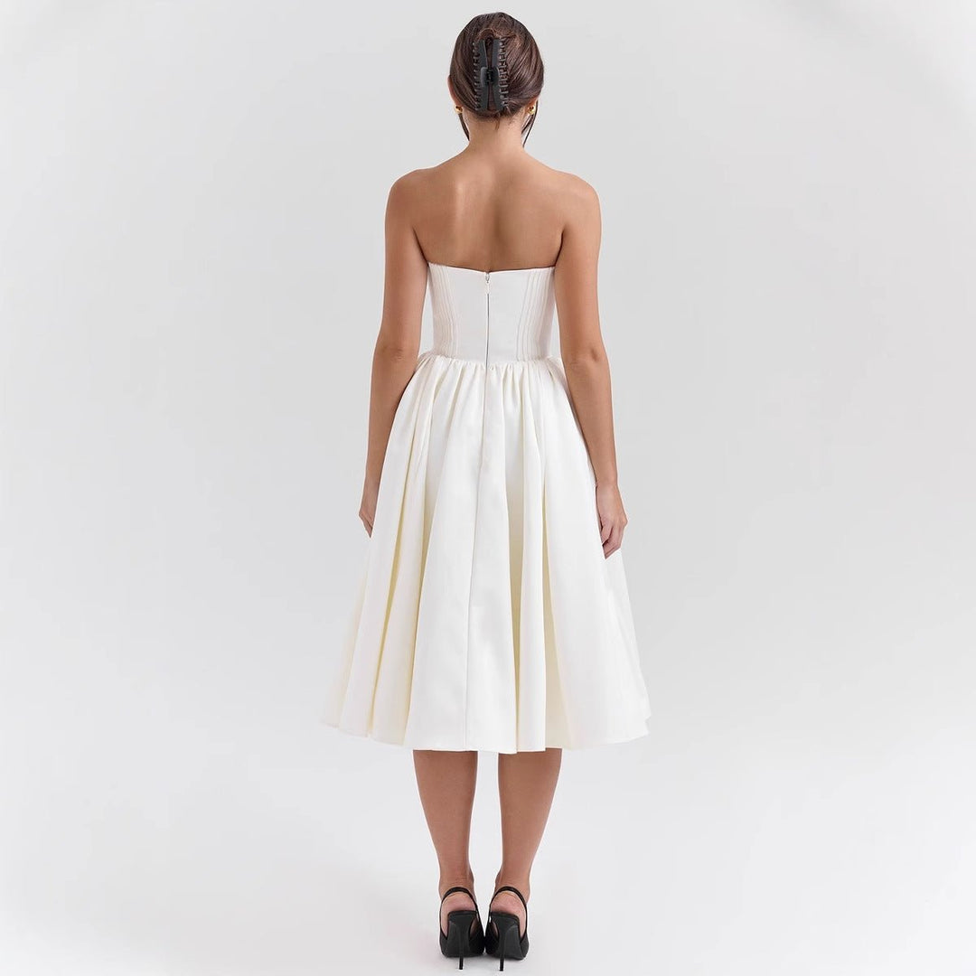 Women's Strapless Corset Bodice Flared Satin Cocktail Dress