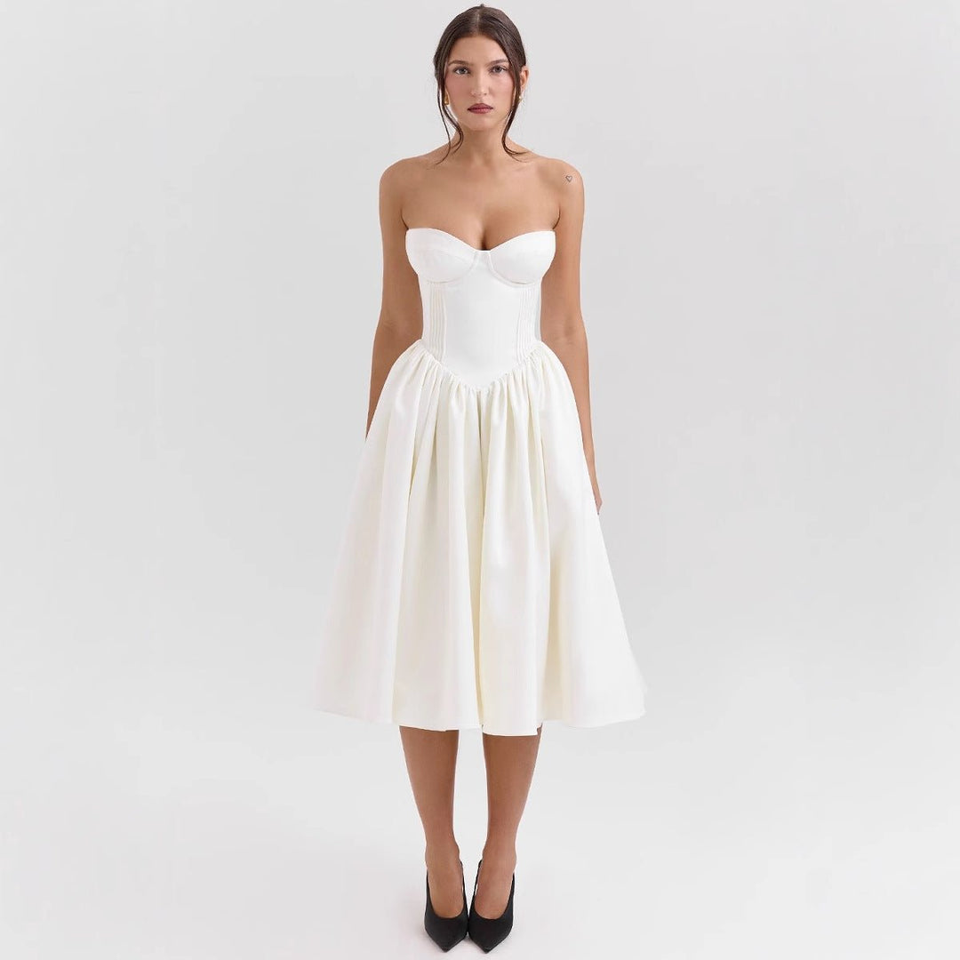 Women's Strapless Corset Bodice Flared Satin Cocktail Dress - White