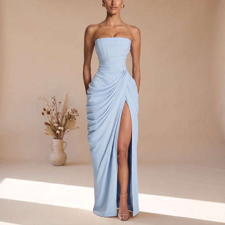 Women's Strapless Draped Corset-Bodice Maxi Evening Gown