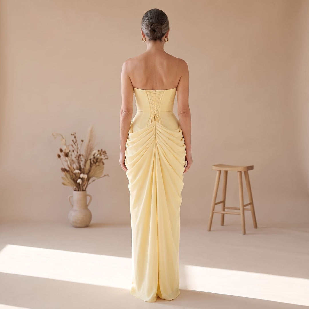 Women's Strapless Draped Corset-Bodice Maxi Evening Gown
