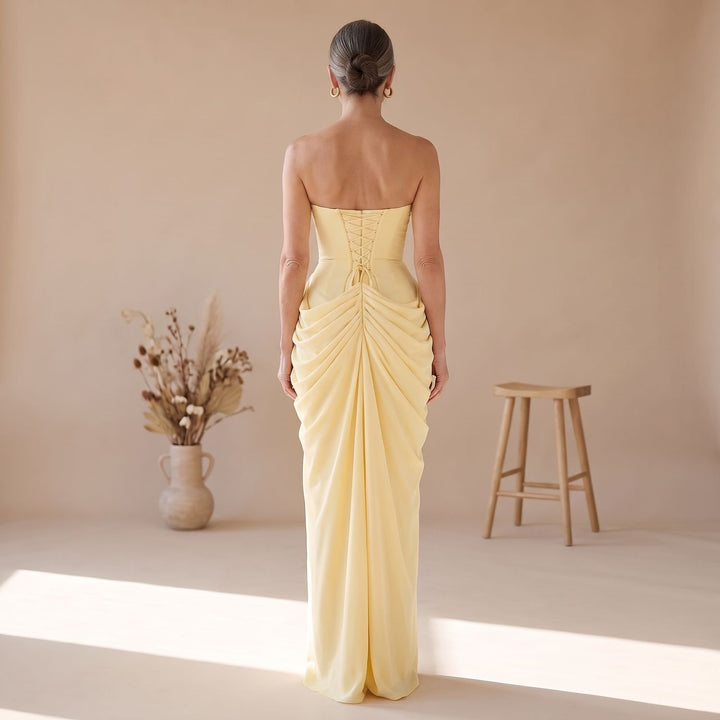 Women's Strapless Draped Corset-Bodice Maxi Evening Gown