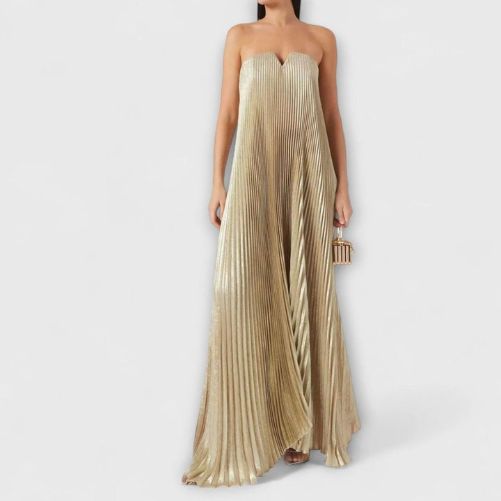 Women's Strapless Pleated Gold Sweetheart Maxi Dress - Gold
