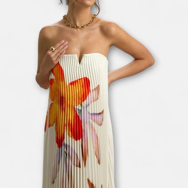 Women's Strapless Pleated Gold Sweetheart Maxi Dress