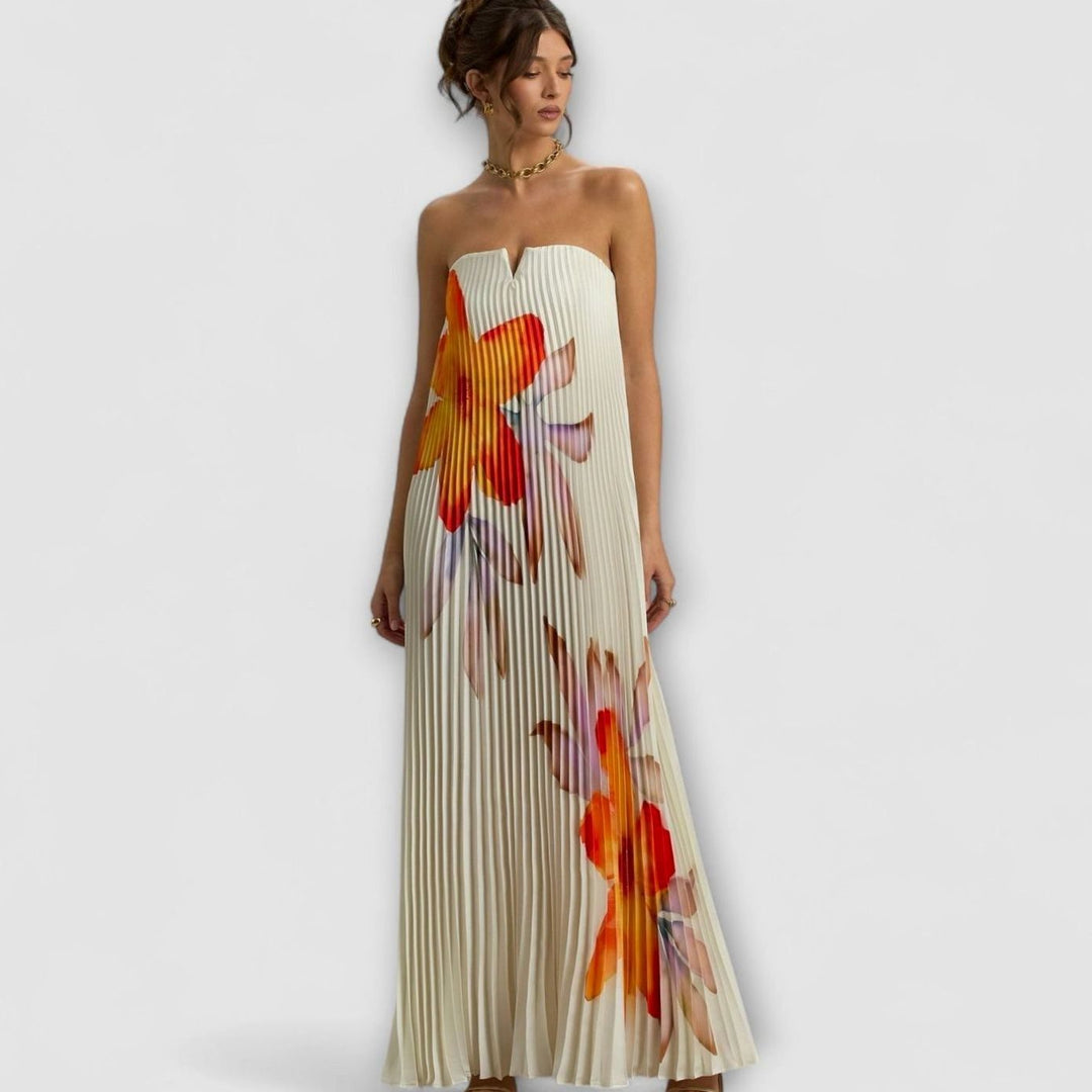 Women's Strapless Pleated Gold Sweetheart Maxi Dress - Orange Floral