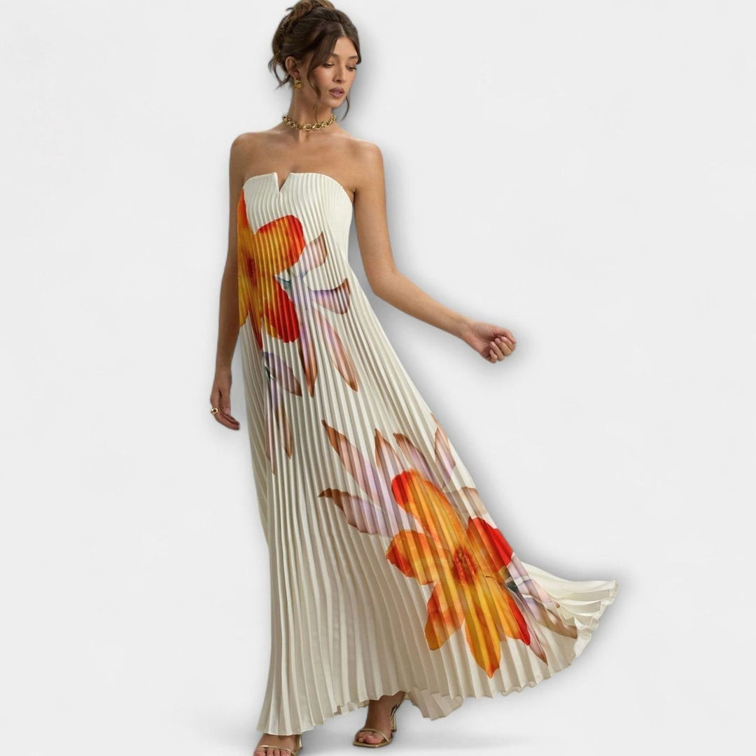 Women's Strapless Pleated Gold Sweetheart Maxi Dress