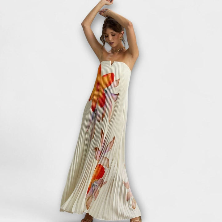 Women's Strapless Pleated Gold Sweetheart Maxi Dress