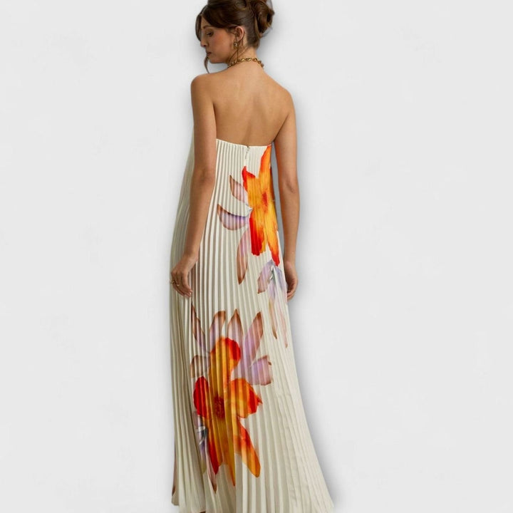 Women's Strapless Pleated Gold Sweetheart Maxi Dress