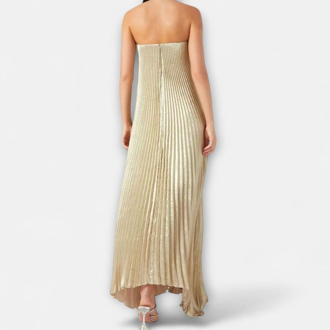 Women's Strapless Pleated Gold Sweetheart Maxi Dress