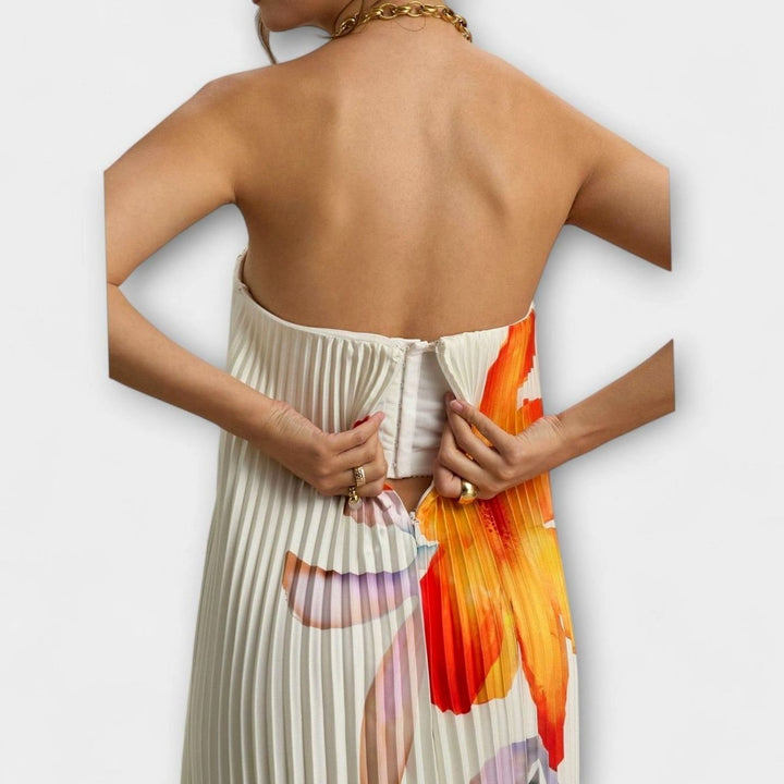 Women's Strapless Pleated Gold Sweetheart Maxi Dress