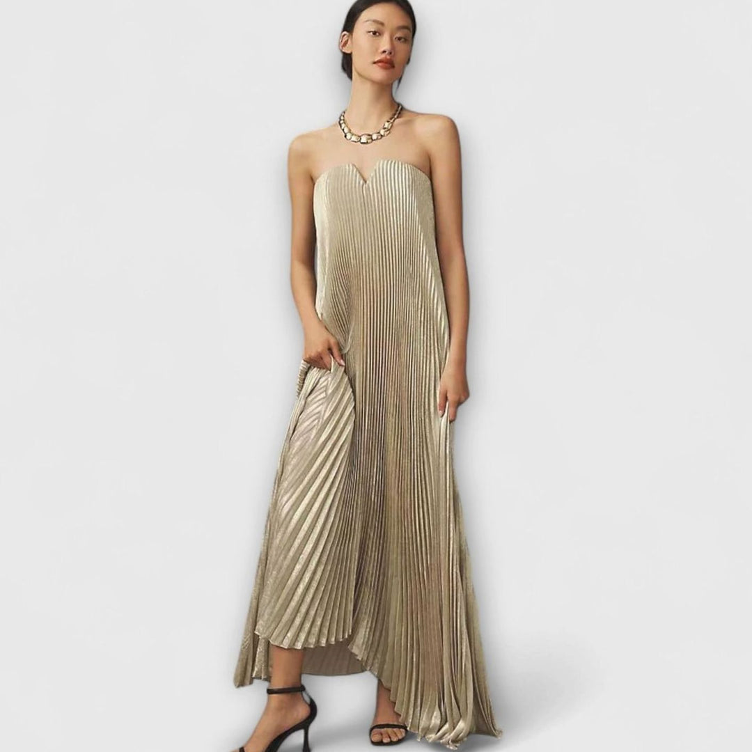 Women's Strapless Pleated Gold Sweetheart Maxi Dress