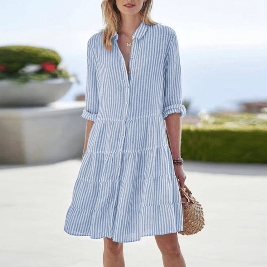 Women's Striped Button-Front Tiered A-Line Shirt Dress - Blue