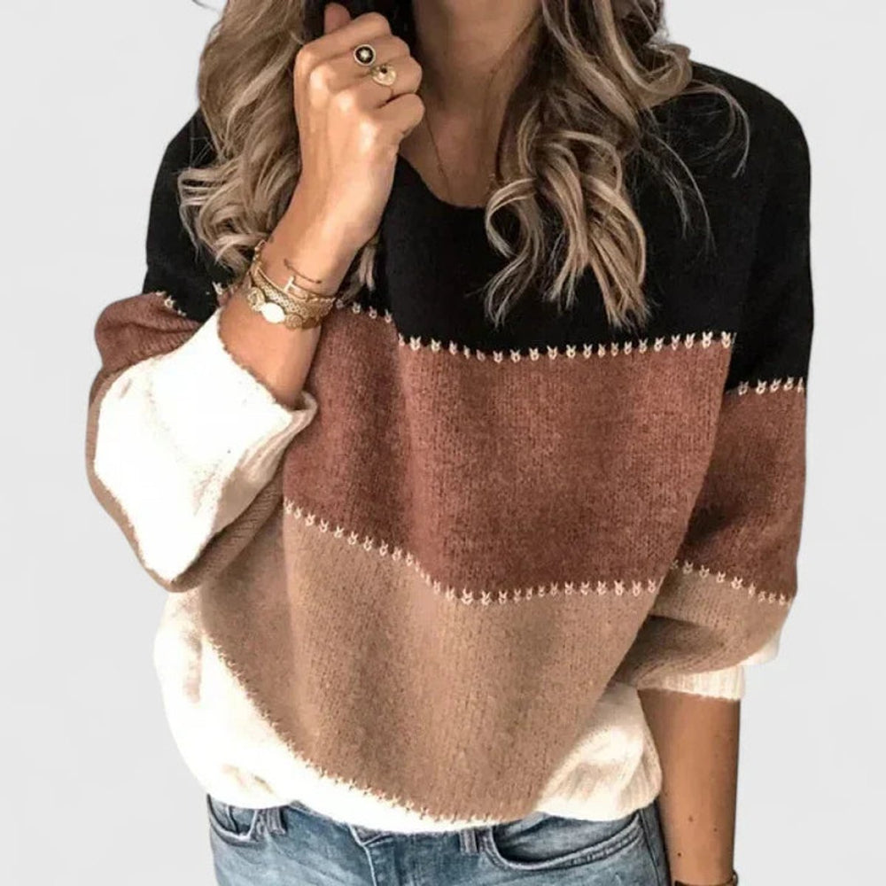 Women's Striped Color-Block Crew Neck Knit Pullover Sweater - Khaki