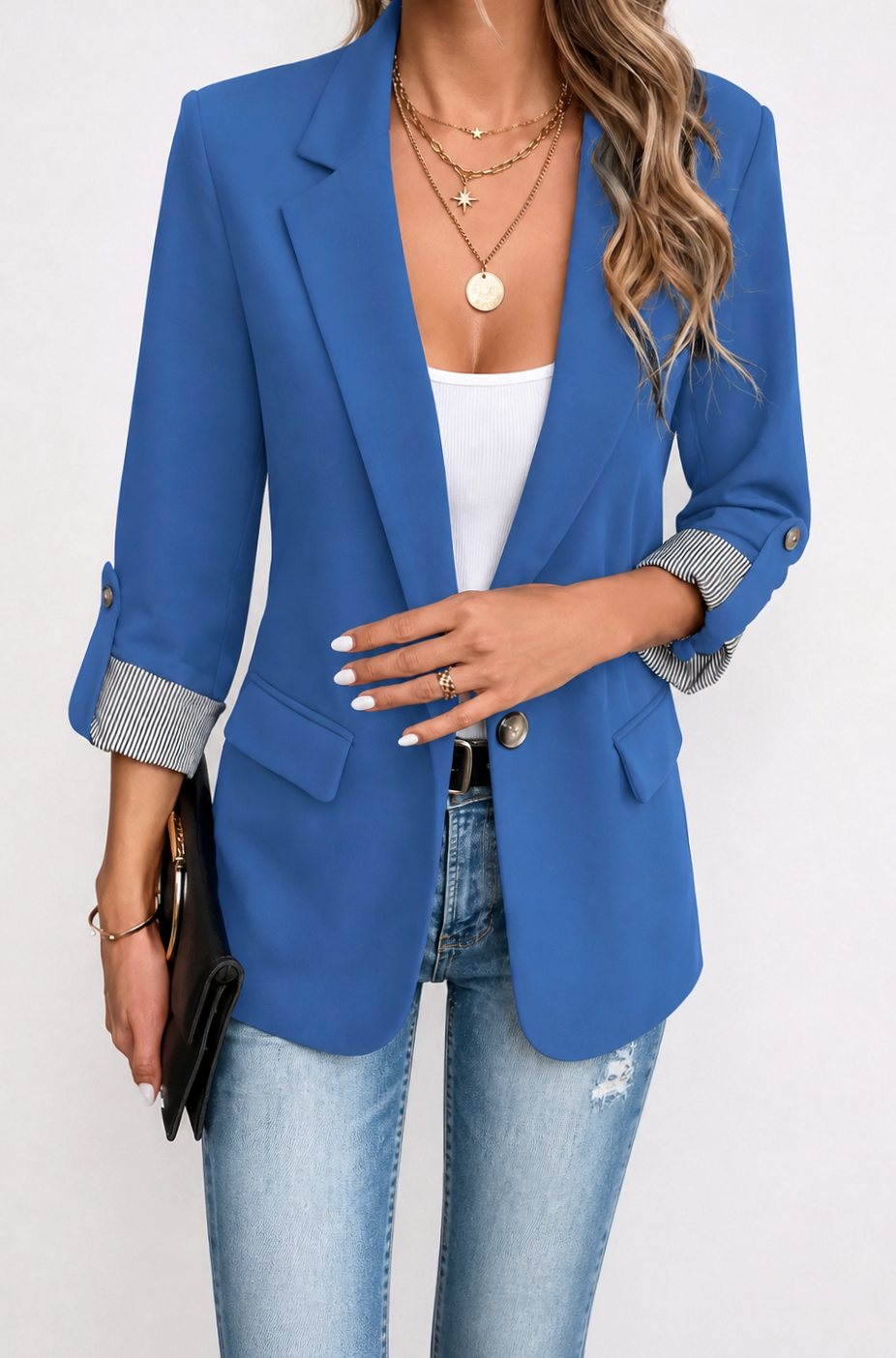 Women's Striped-Cuff Roll-Sleeve Tailored Blazer - Blue