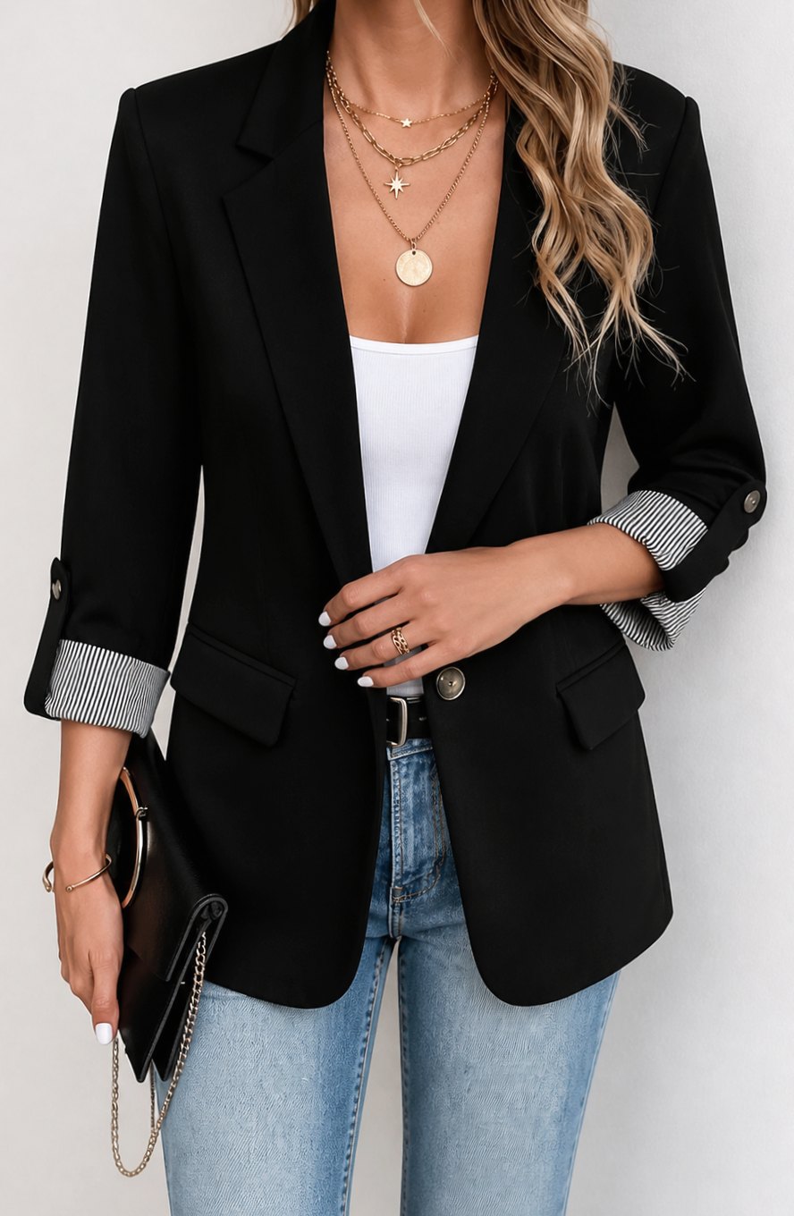 Women's Striped-Cuff Roll-Sleeve Tailored Blazer - Black
