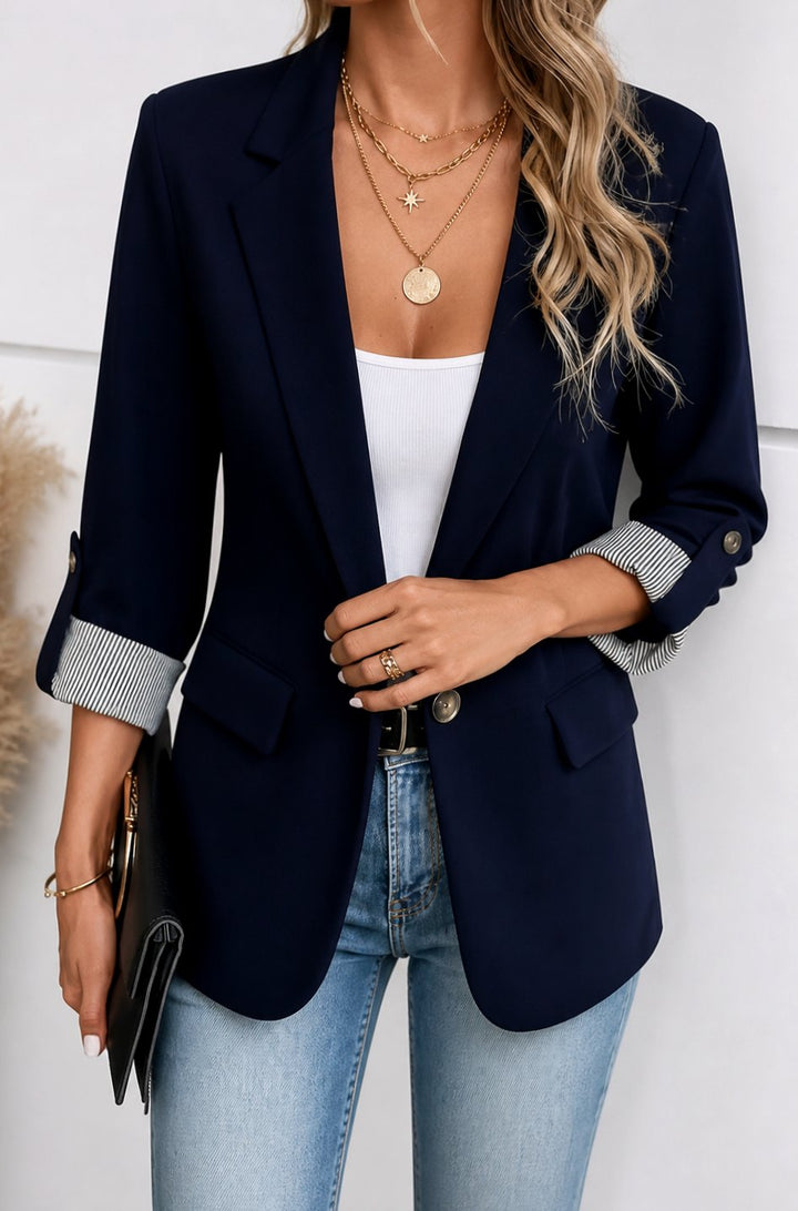 Women's Striped-Cuff Roll-Sleeve Tailored Blazer - Navy Blue