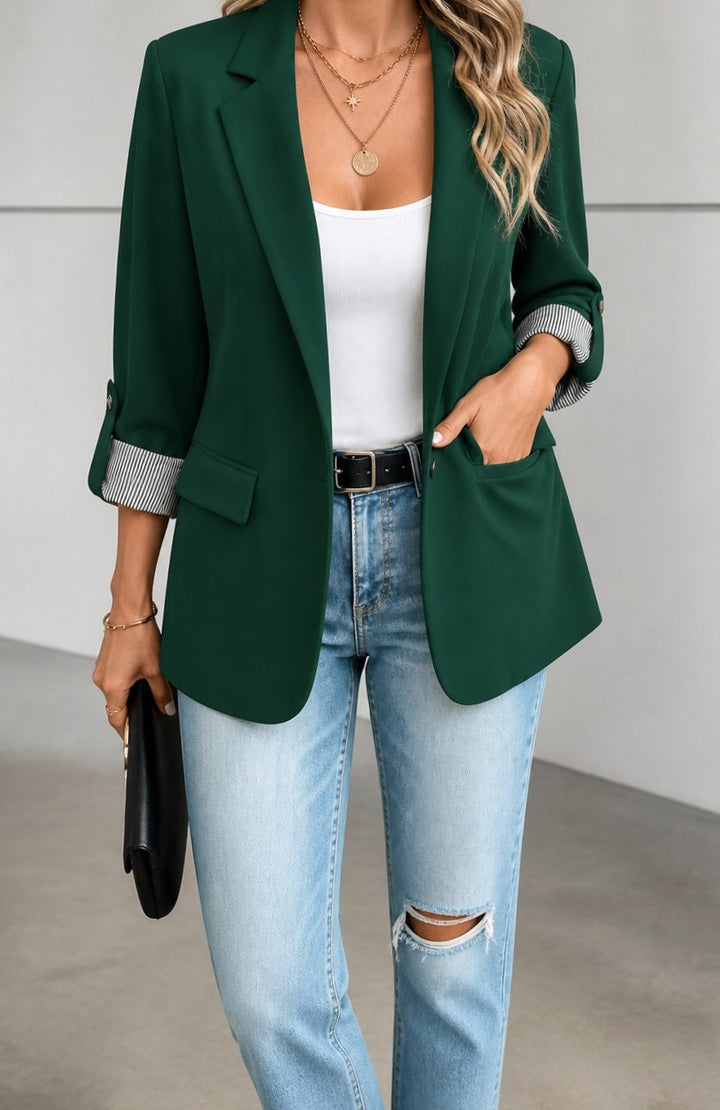 Women's Striped-Cuff Roll-Sleeve Tailored Blazer - Dark Green